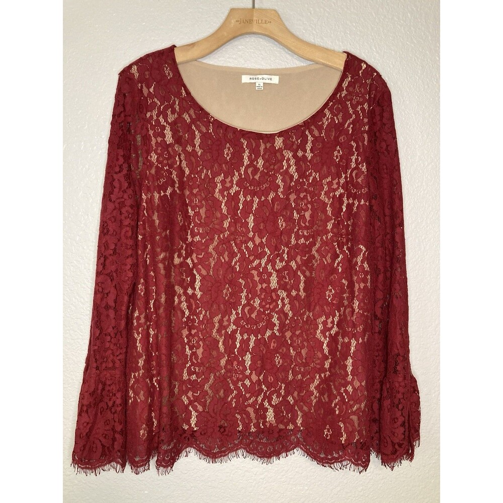 Lace Top Blouse XL Red Bell Sleeve Floral Scalloped Romantic Boho Whimsical